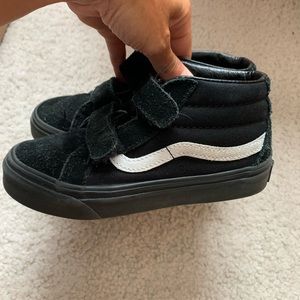 2 Pairs of Vans Sk8 boys shoes 13.5 black on black and blk/flames. Used.